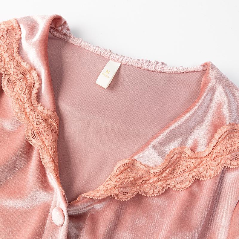 Vintage-Pyjama im Palaststil aus Samt für Damen, Herbst-Winter-Pyjama-Hosenanzüge, lockerer rosa Spitzenbesatz, Velours-Nachtwäsche, Homewear