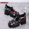 Spring and Autumn New Fashion Retro Printed Small Leather Shoes Women's Comfortable Versatile Thick Sole Thick Heels Shoes Mujer