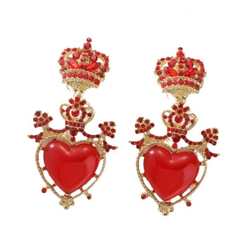 Vintage Long Earrings Medieval Vintage Red Love Inlaid Gemstone Rhinestone Stud Earrings Accessories