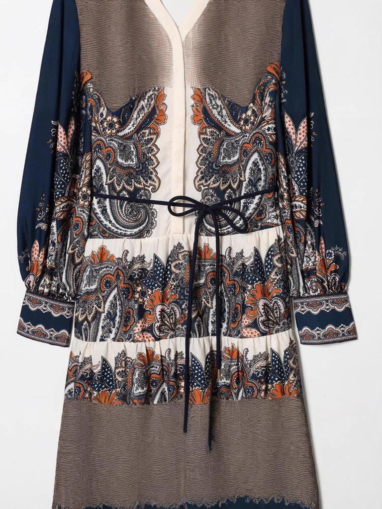 European Autumn/Winter 2025 Women's Temperament Waist-Cinching Printed Patchwork Long Dress
