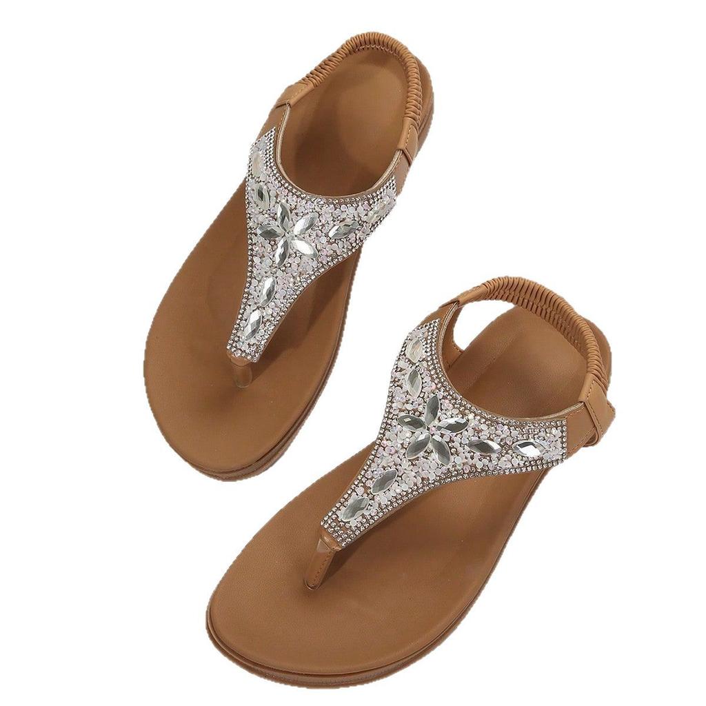 Fashion Clip Toe Bohemian Style Sandals for Women Fashion Mix Color Pearl Rome Sandals Woman 2025 New Flat with Non-Slip Beach Shoes