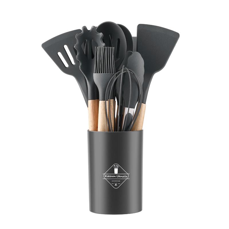 Set da 12 Pezzi di Utensili da Cucina in Silicone con Manici in Legno - Set Spatola e Cucchiaio