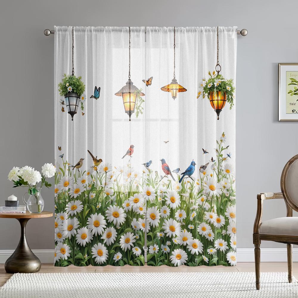 2 st HD digitalt tryckta fönsterskärmar med vita prästkragar Heminredningsstil Inredning Vardagsrum Sovrum Stånggardin E