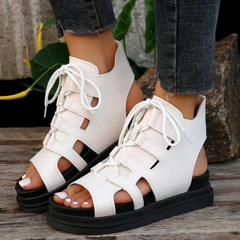 5.5cm Cowhide Ankle Roman Sandals Women Summer New Style Ladies Fashion Thick Sole Retro Cool Boots Flat Wedges Student Sandals
