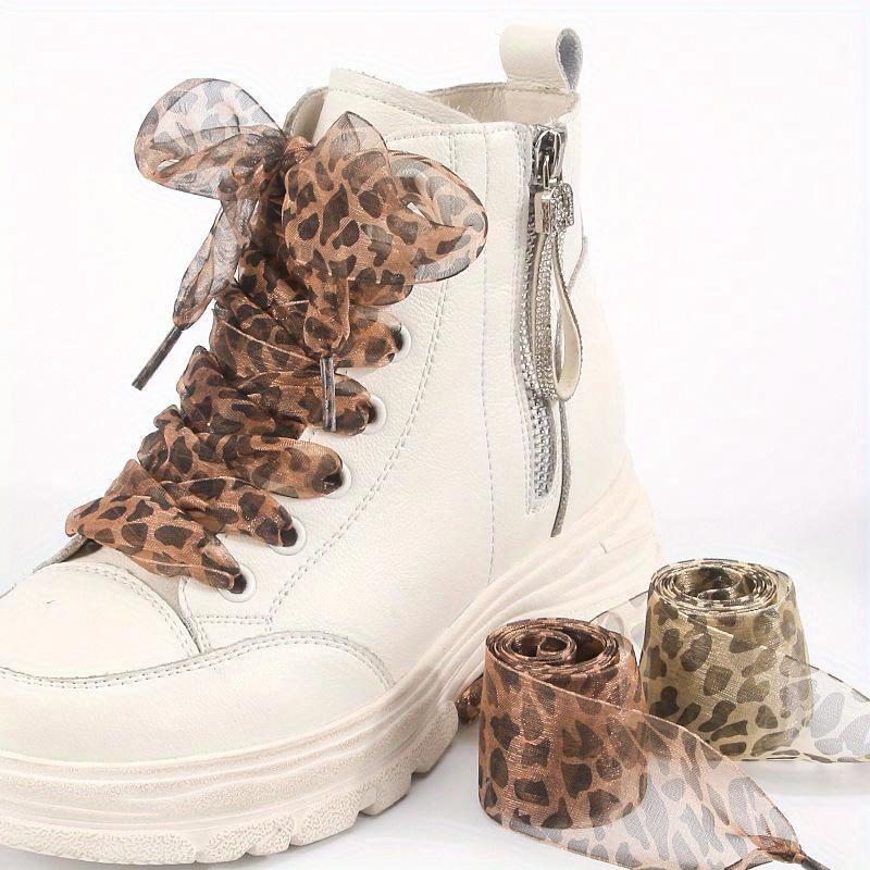 Organza Shoelaces, 1 Pairs and 2 Pairs Fashionable Satin Ribbon Shoelaces, Leopard Print Pattern Ribbon Yarn Lace Shoelaces