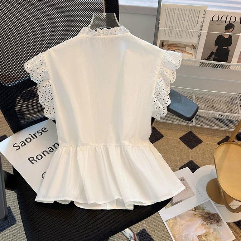 Fashion Flying Sleeve White Shirts Vintage Sleeveless Ruffled Lace Blouse for Woman Woman Elegant Casual Sweet Tops