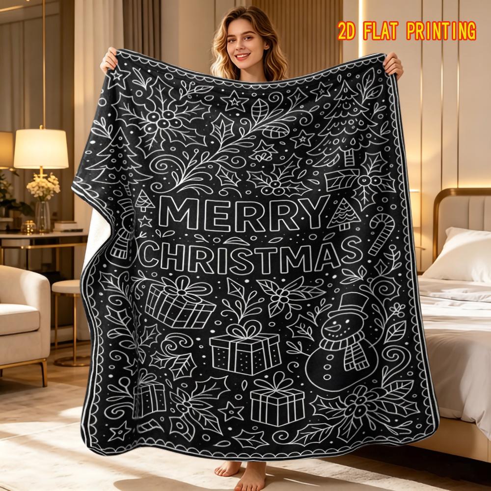DIY Flannel Coloring Sofa Blanket, Featuring a White Line Art on a Black Background with "MERRY CHRISTMAS" Printed in the Center, Accompanied by a Sno