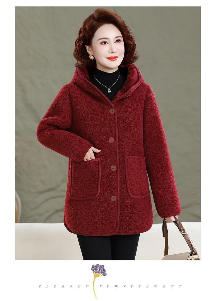 Mom's Fashionable Winter Hooded Fleece Lined Cotton Jacket for Middle-Aged & Elderly Women