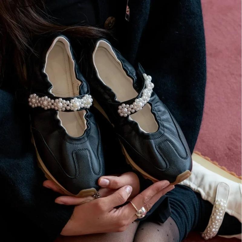 Fashion Retro Pearl Mary Jane Ballet Flat Shoes Women's Spring Autumn New Style Sports Casual Leather Dequanyi Rubber Bottom