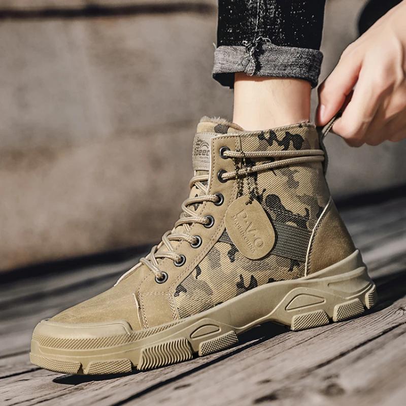 Men Snow Boots Qishki Issiq Ipli Yangi Erkaklar To'pig'igacha Moda Plush Qishki Botinkalar To'pig'igacha Kamuflyaj Botinkalar Erkaklar uchun Zapatillas De Hombre
