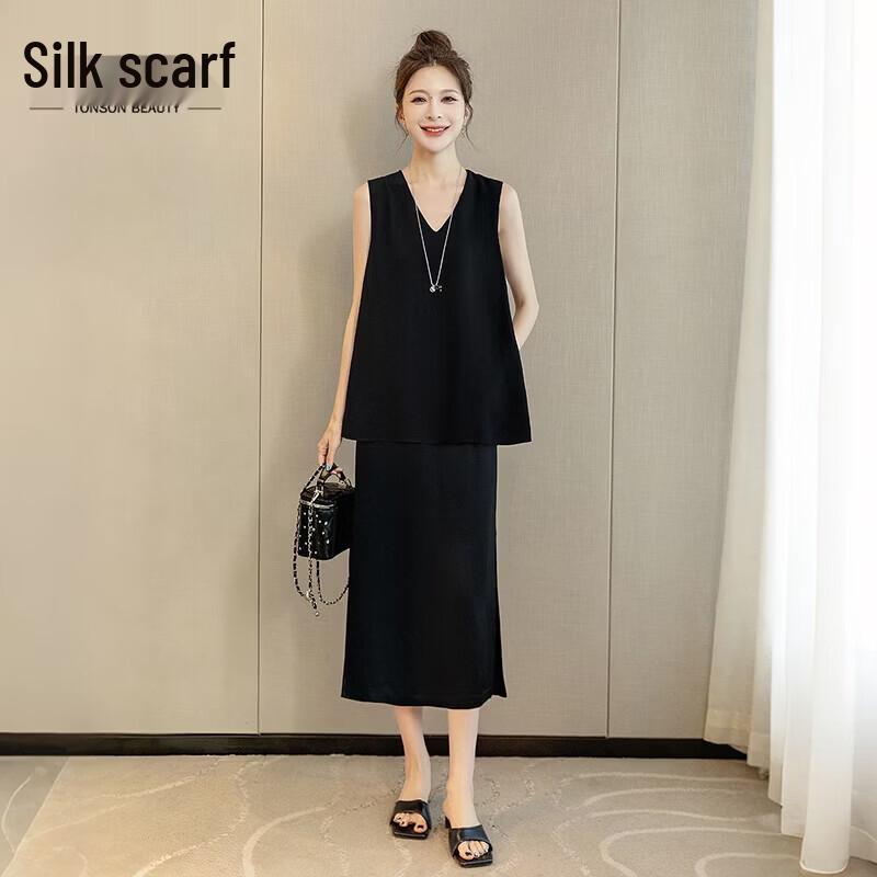 Si Baishe Women s V-Neck Fake Two-Piece Commuter Midi Dress S