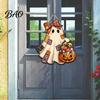 Halloween Theme Pendant Cute Bow Ghost Door Sign, Wooden Patchwork Hanging Plaque with Pumpkin Candy Basket, Party Background Decor Retro Wall Lanyard