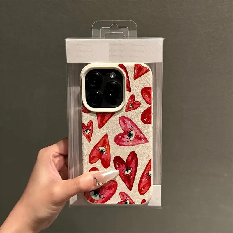 Vintage Red Eyes Heart Lichee Pattern Phone Case for iPhone 11 12 13 14 15 16 17 Pro Max X XS XR 16E Plus 17Air Shockproof Cover