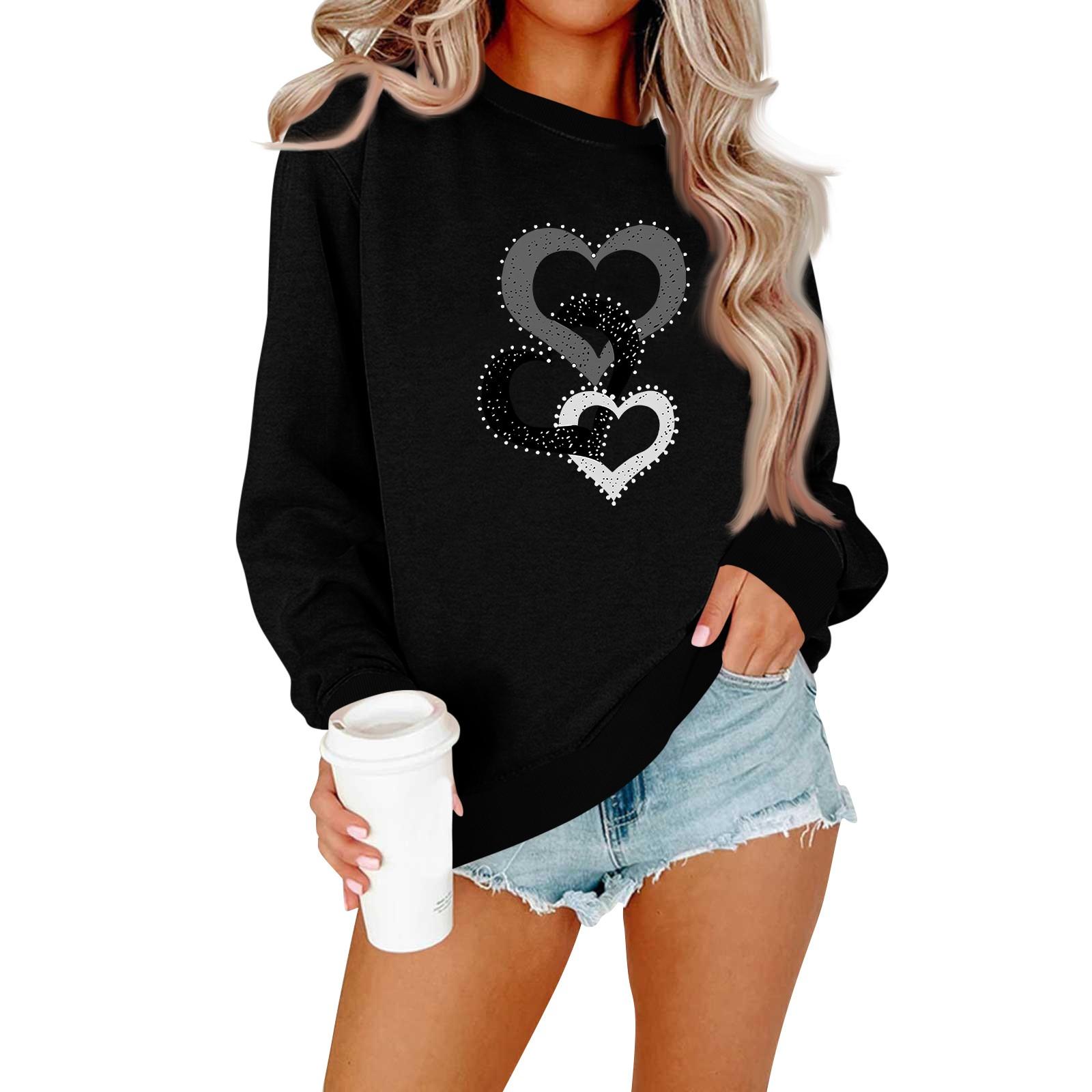 Women s Fashion Casual Long-sleeved Loose Valentine s Day Printed Round Neck Pullover Hoodie Sweatshirt L