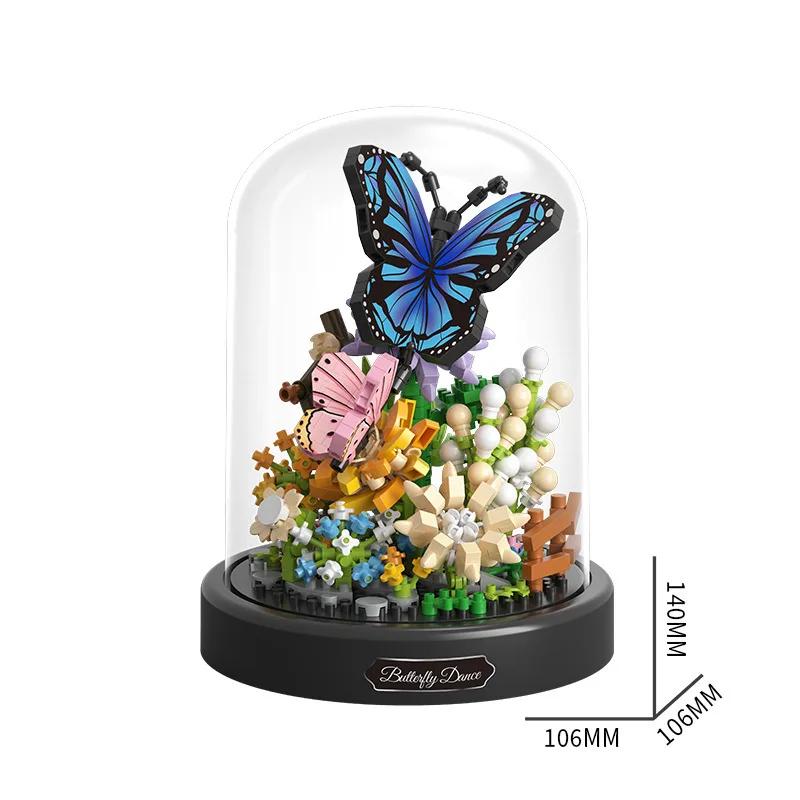 Bee Butterfly Flower Bonsai Stavební bloky Hmyz Rostlina Model v květináči Kostky s krytem proti prachu Dětská hračka pro kutily Vánoční dárek