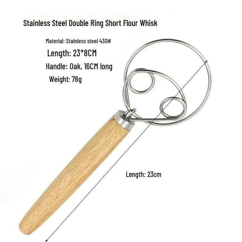 13" Oak Handle Danish Dough Mixer & Egg Beater - Stainless Steel Whisk Tool