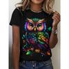 Plus Size Women's Colorful Owl Print All-Season Casual Short Sleeve Tee