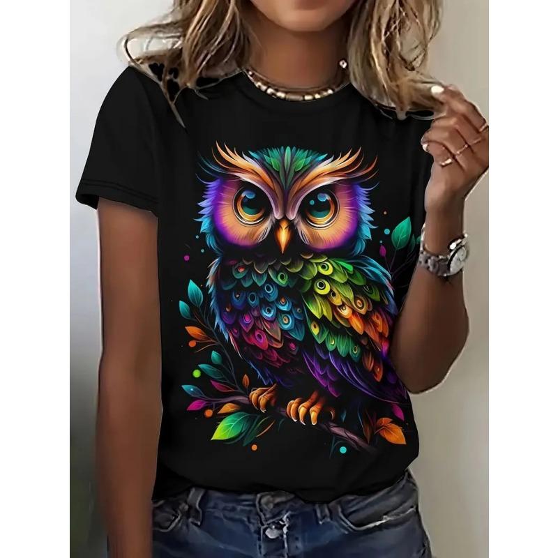 

Plus Size Women s Colorful Owl Print All-Season Casual Short Sleeve Tee 4XL чорний