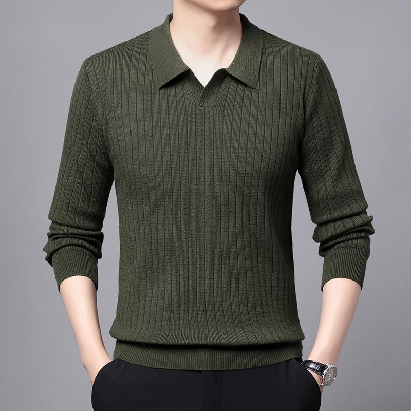 Autumn Winter 2025 Versatile Men's Knit Pullover Sweater - Long Sleeve Lapel Style for Casual Business Fashion