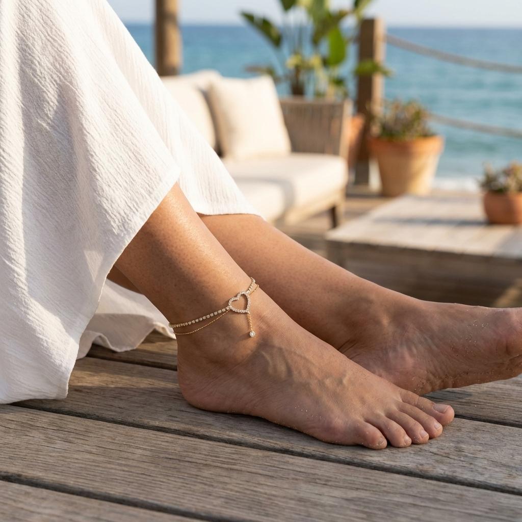 Glitterende Strass Hol Hart Druppel Enkelband Dubbele Laag Voetketting Voor Vrouwen Zomer Strand Vakantie Sieraden