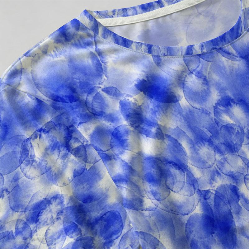 Women’s Short Sleeve T-Shirt Korean Minimalist Blue White Tie Dye, Soft Loose Fit Summer Tops for Beach, Daily Casual, Night Market Hangout