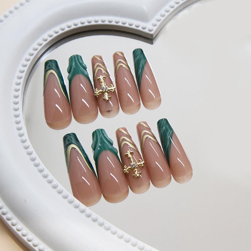 Patch removable nail dark green French fake nail three-dimensional gold wearing nail cross diamond 24 pieces