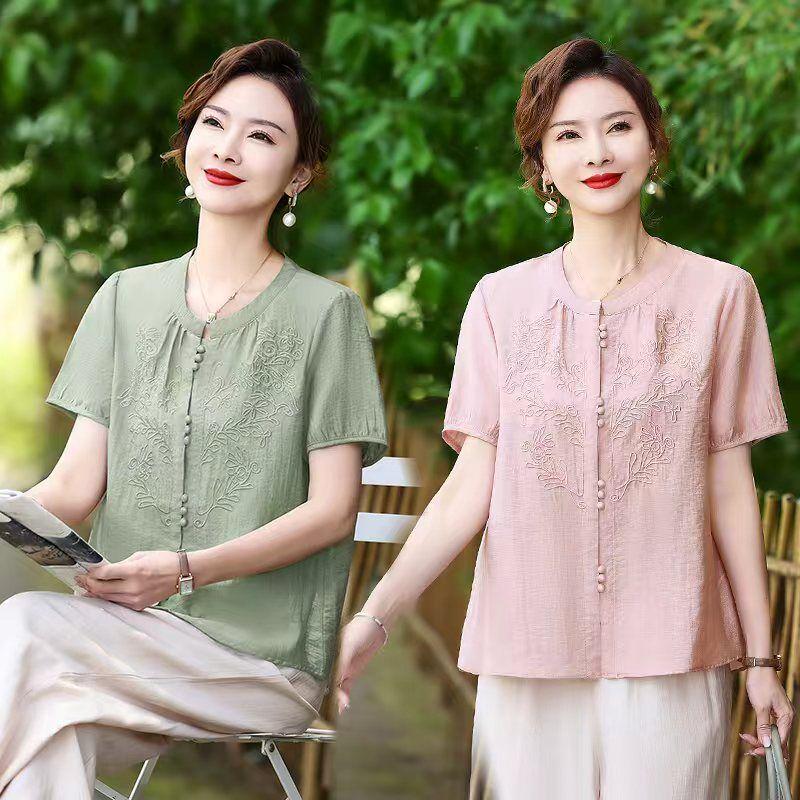 Stylish Summer Chinese Style Outfit for Middle-Aged Women: Top & Pants 4XL