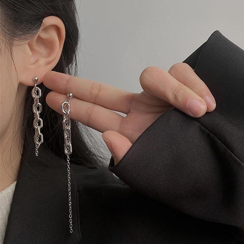 Trendy Punk Asymmetry Cool Girl Earrings for Women Temperament Stainless Steel Long Chain Boucle Hip Hop Rock Jewelry Party Gift