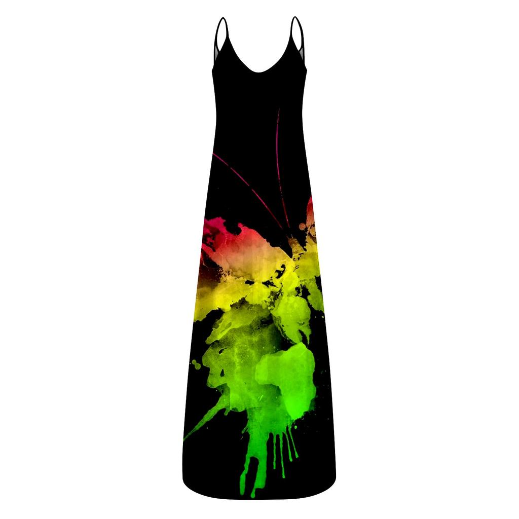 Módní dámské letní volné splývavé šaty s výstřihem do V s potiskem