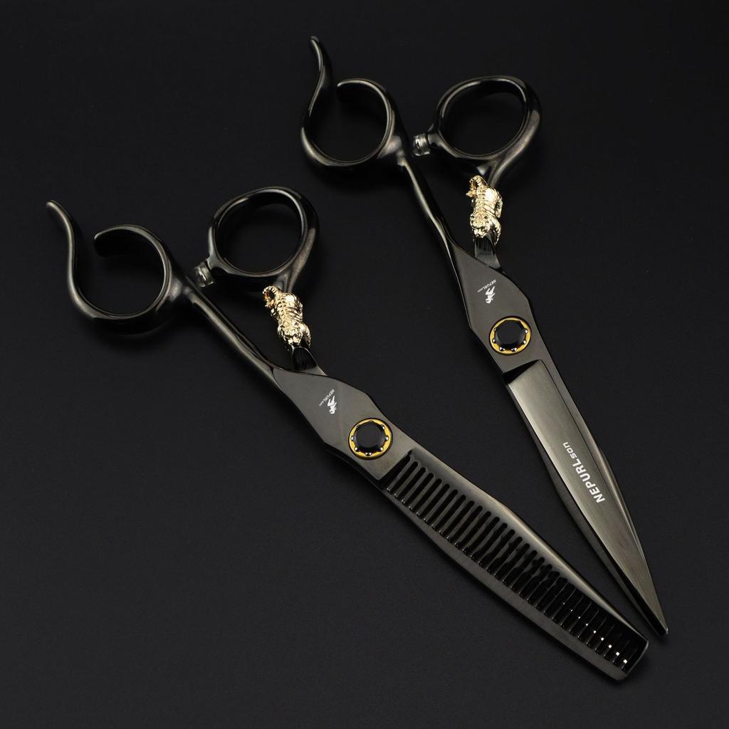 6.0 Inch Nimpson Black Steel Notched Handle Small Golden Tiger, Bearing Screw Hair Scissors, Hair Scissors, Thin Teeth Scissors