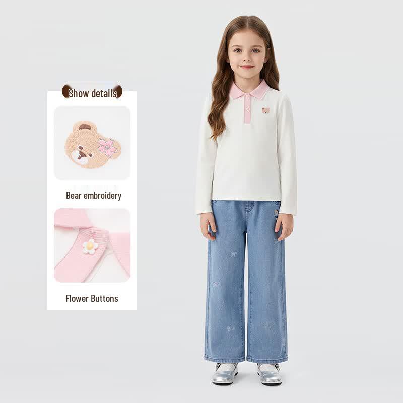 PawinPaw Girls' Cartoon Bear Lapel T-Shirt