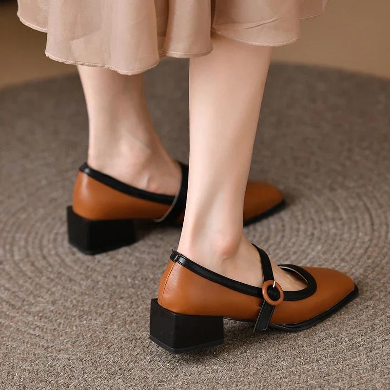 French Vintage Pumps Elegant Square Head Thick Low  Heel Mary Jane Shoes Women's New Belt Buckle Single Loafers Tacones Mujer