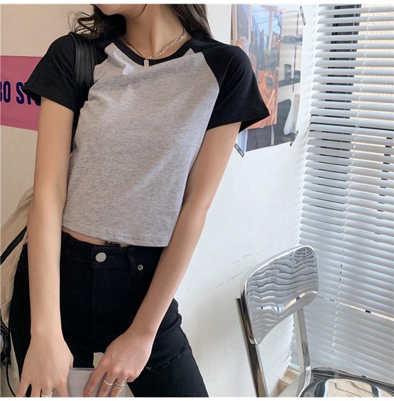 Women's Crew Neck Raglan Short Sleeve Slim Color Block Crop Top Y2K Cutout Waist Casual T-Shirt