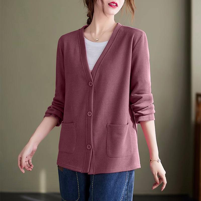 Pullover für Damen Herbst Baumwolle Gestrickt Oversize Lässige Strickjacke V-Ausschnitt Pullover Damen Knopf Locker Langarmpullover