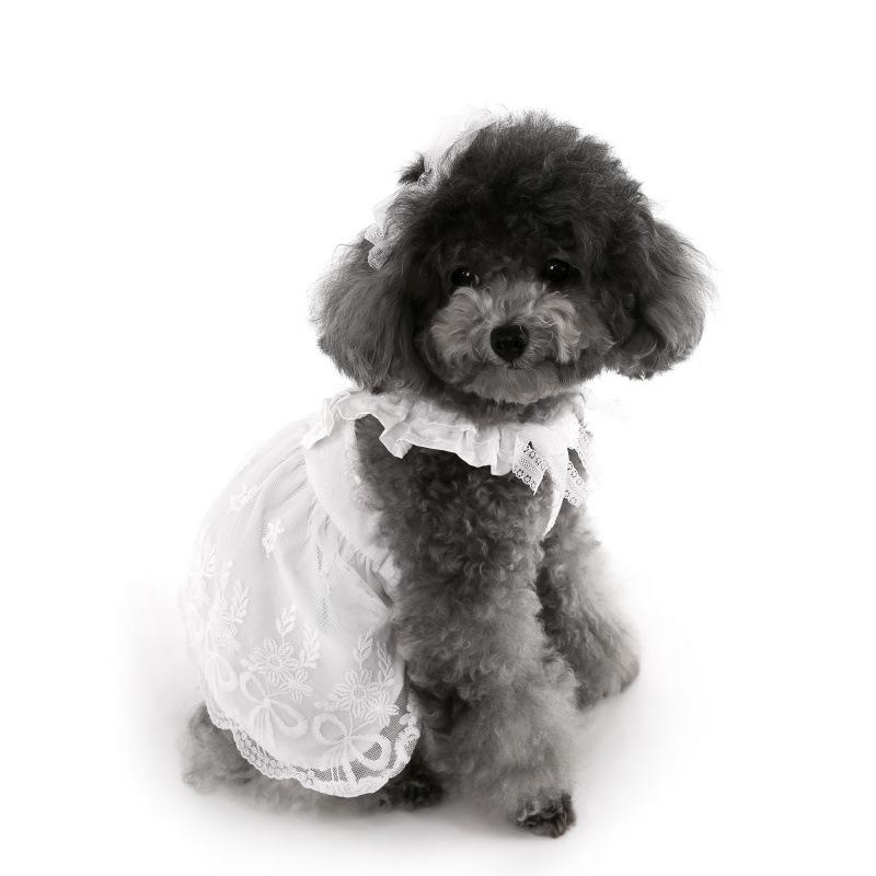 Pet summer lace flying sleeve princess dress teddy bear dog cat thin clothes + headgear