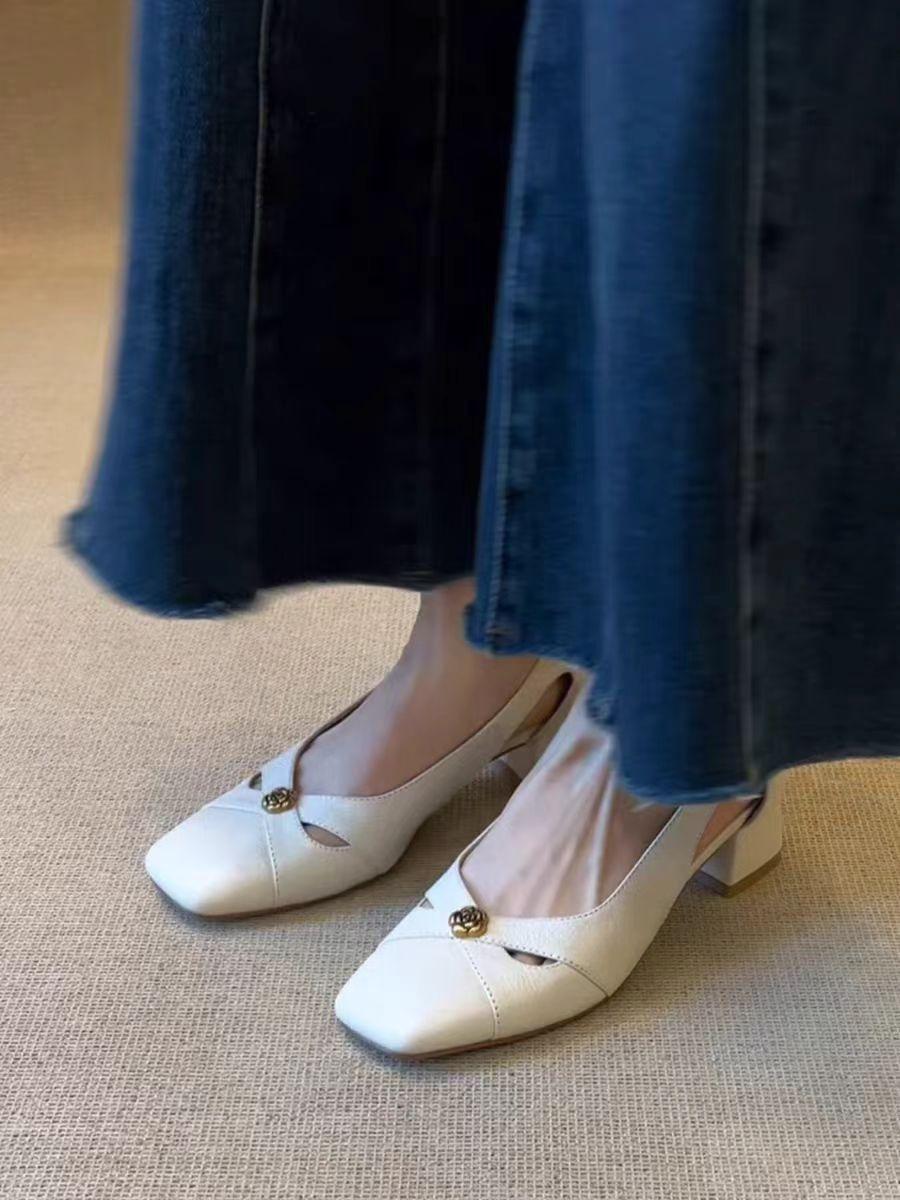 

2025 autumn new square head hollow sandals women s French fashion retro medium thick heel bag head thick heel single shoes 35