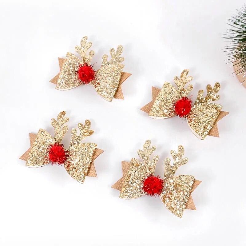 2/4pcs Christmas Elk Ear Bow Hair Clip Glitter Gold Red Hairpin Women Girls Headdress New Year Party Barrettes Cosplay Headwear