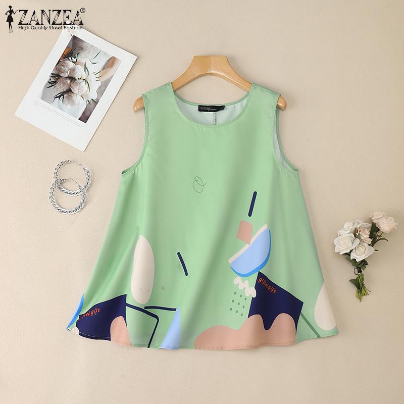 ZANZEA Женские повседневные летние майки без рукавов с круглым вырезом и принтом