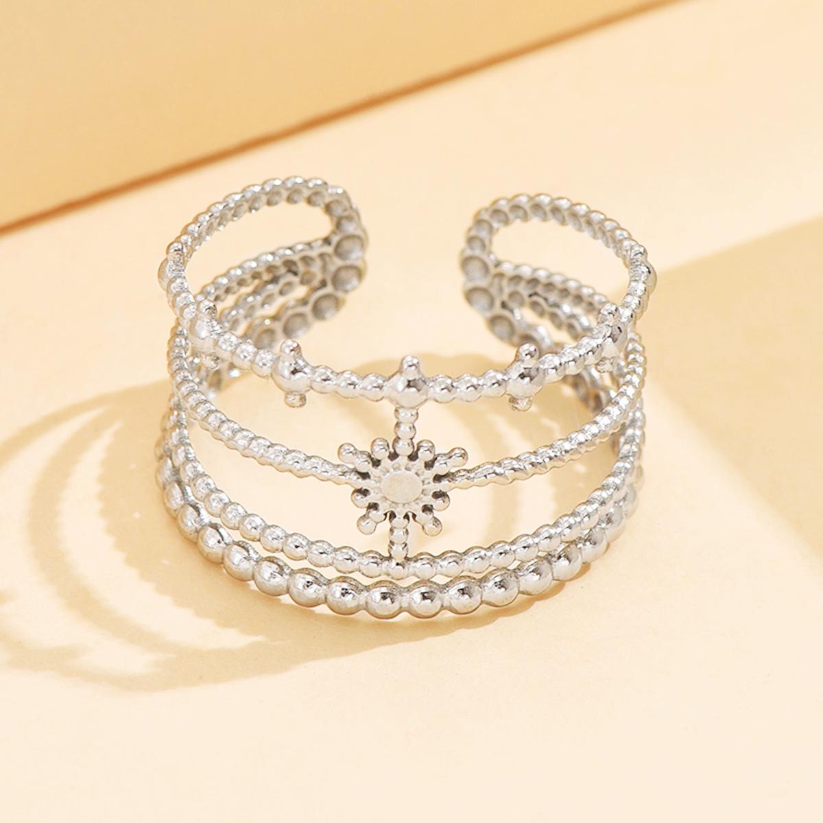 Cross Stainless Steel Retro Starlight Open Ring: Elegant Hollow Multi-layered Beaded Chain Design