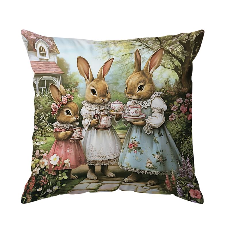 1 Pc Easter Day Pillow Cover Garden Rabbit Pattern Living Room Sofa Cushion Cover Farmhouse Home Room Decoration Holiday Gift
