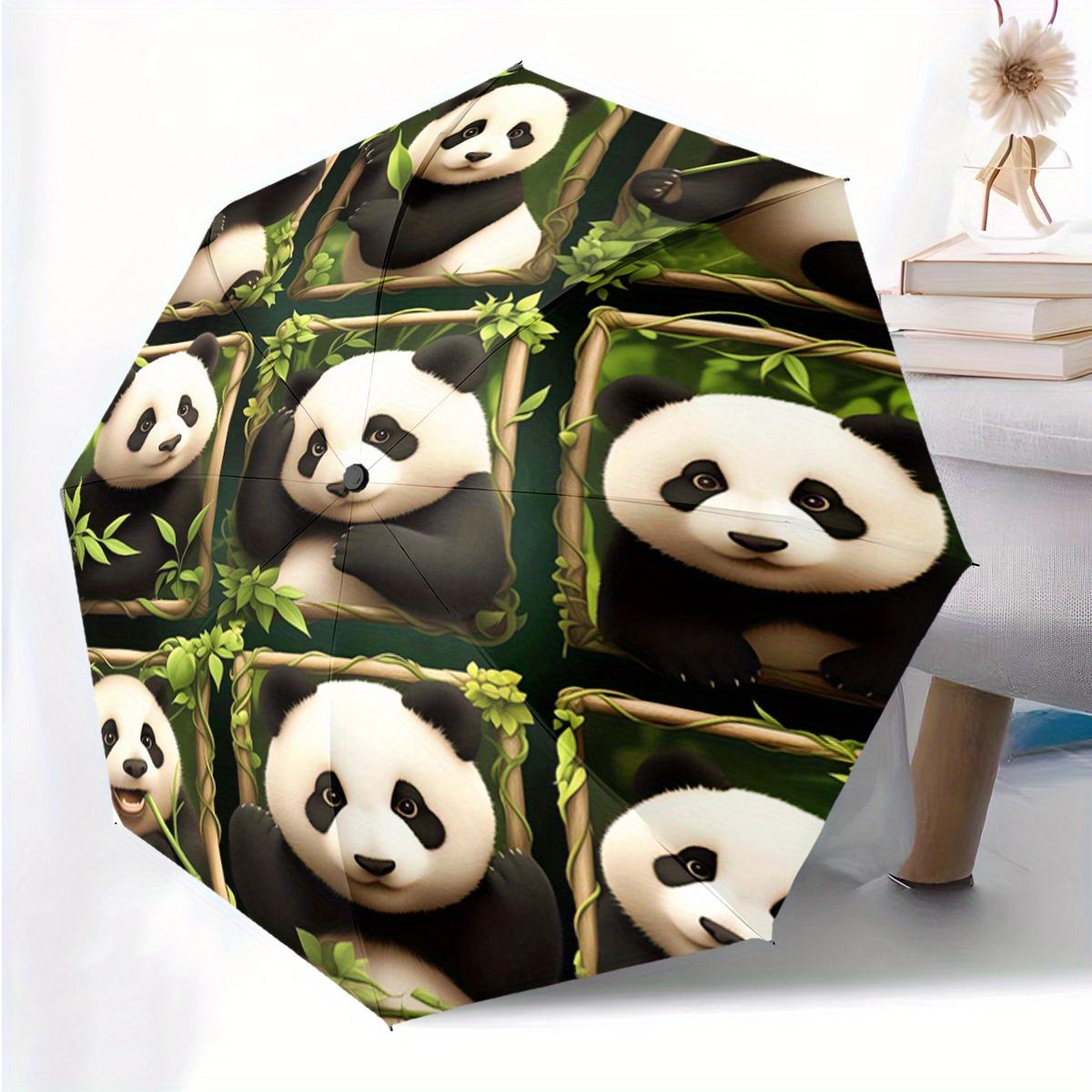 1pc Automatic Open/Close Umbrella with Panda Puzzle Pattern - Cute Panda & Bamboo Design, Compact Travel Umbrella with 8-Rib S