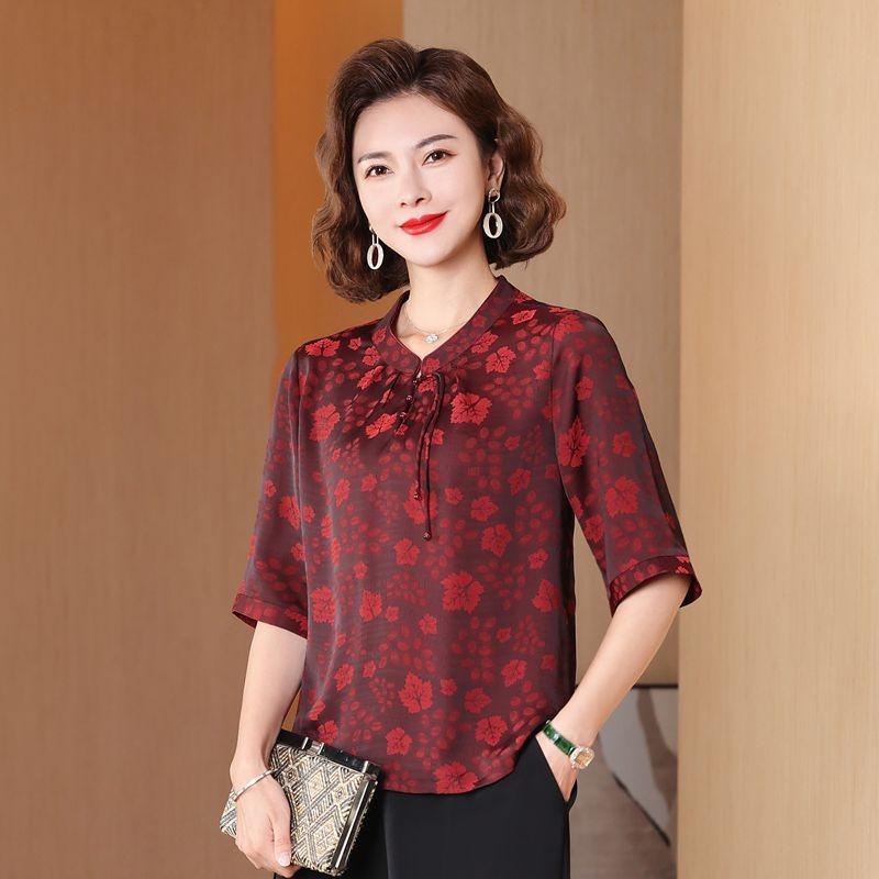 Chinese Summer Chiffon Shirt Mid-sleeve Stand Collar Middle-aged and Elderly Women's New Summer Small Shirt Loose Top