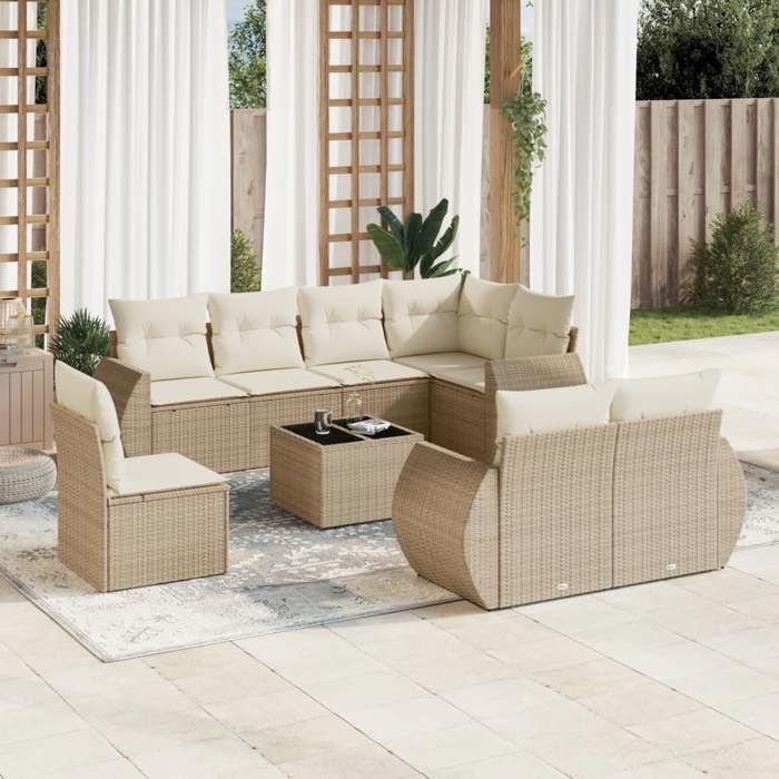 VidaXL Salon de Jardin avec Coussins 9 pcs, Canapés de Terrasse, Ensemble de Meubles de Patio, Mobilier d'Extérieur, Beige 3253985