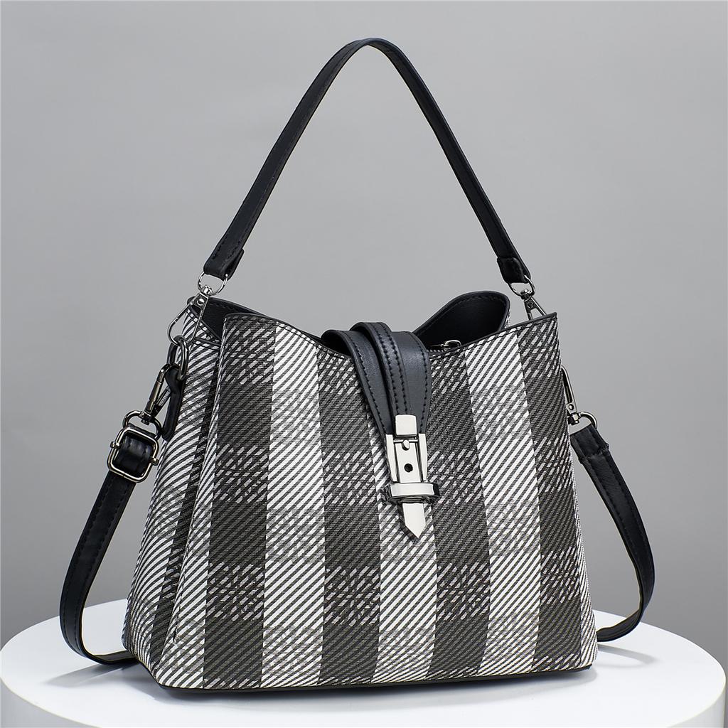Single Shoulder Women's Fashionable Checkered Hand-held Bucket Bag Casual Crossbody Bag