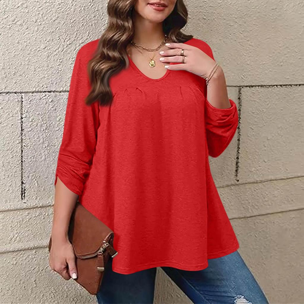 Dámská móda plus size Jednobarevný ležérní plisovaný top s kulatým výstřihem a dlouhým rukávem