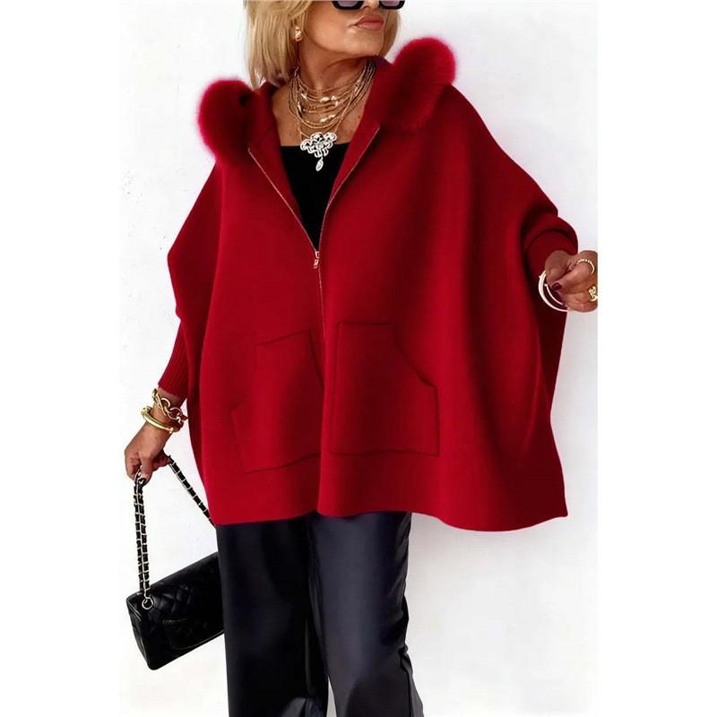 Autumn and winter European and American fashion loose pocket zipper big fur collar knitted hooded women's jacket
