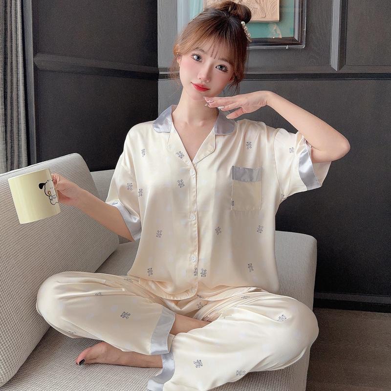 Fashion Sweet Bubble Bear Girl Loungewear Spring And Summer Cold Silk Short Sleeve Three-Piece Set