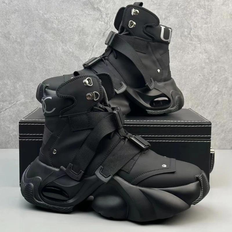 Fashion Men's High Top Thick Soled Height Increasing Comfort Waterproof Anti Slip Sports Shoes Buckle Belt Wear-resistant Fashion Boots