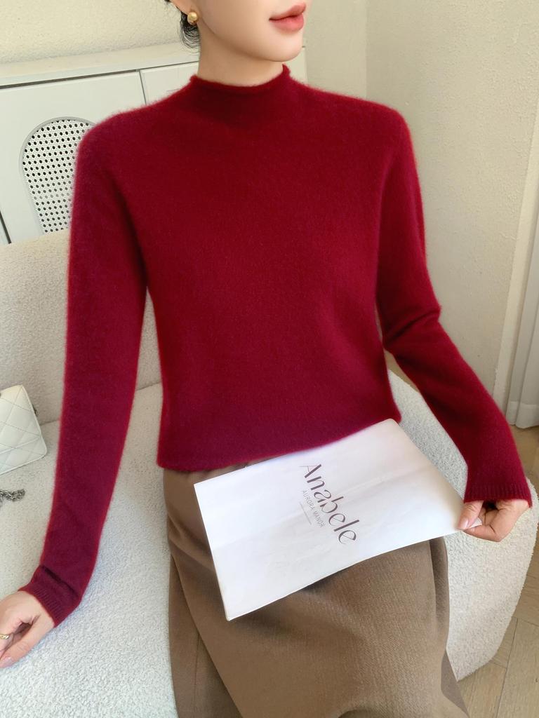 Light & Soft Textured Women's Baby Cashmere Sweater: 10 Colors, 7 Stitches, Rolled Collar, Thickened Knit, Fluffy & Cozy Base Layer
