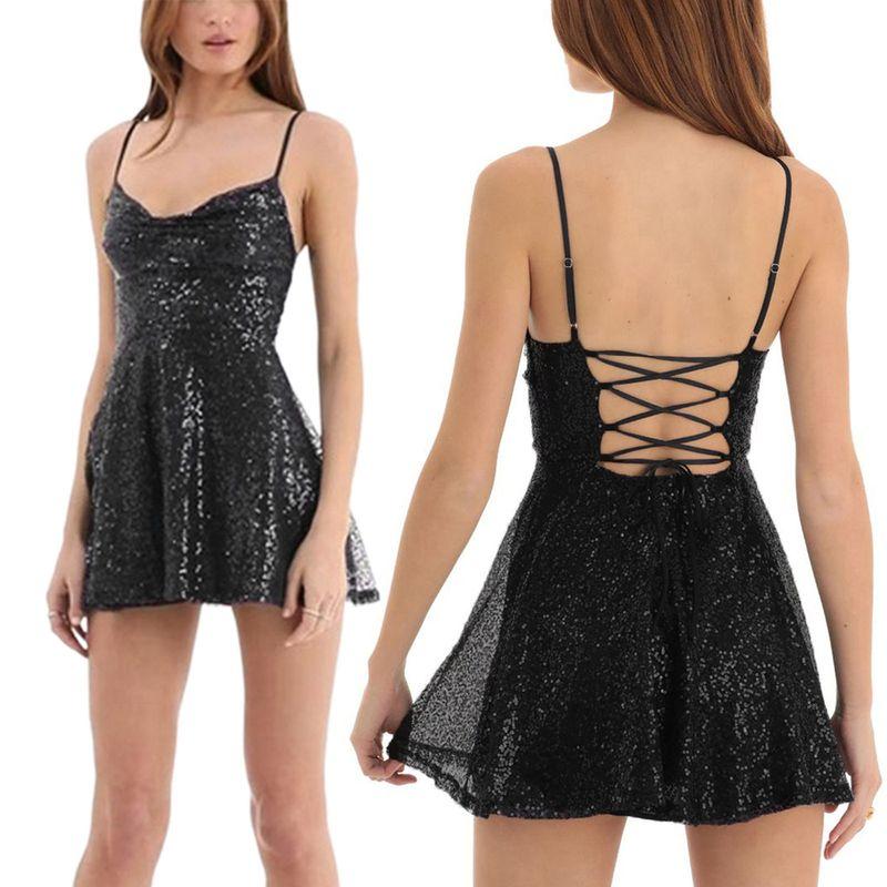 

European and American Foreign Trade Cross-Border New Fashion Sexy Women s Dress with Sequins, Bow, and Color-Blocking, Shiny Women s Dress Black M